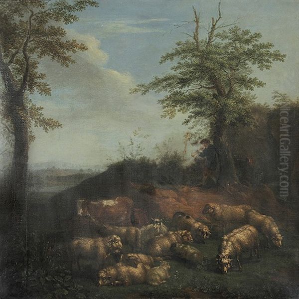 Flotespielender Hirte Mit Seiner Herde In Hugeliger Landschaft Oil Painting by Daniel Hien