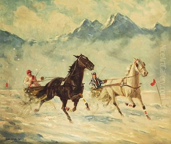 Winterliches Trabrennen Vor Schneebedeckter Hochgebirgskulisse Oil Painting by Franz Hienl-Merre