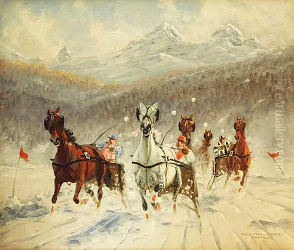 Winterliches Trabrennen Vor Schneebedeckter Hochgebirgskulisse Oil Painting by Franz Hienl-Merre