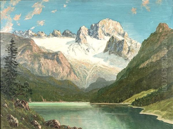 Gebirgssee Mit Aufragendem Gletschermassiv (konigssee Mit Watzmann?) Oil Painting by Franz Hienl-Merre