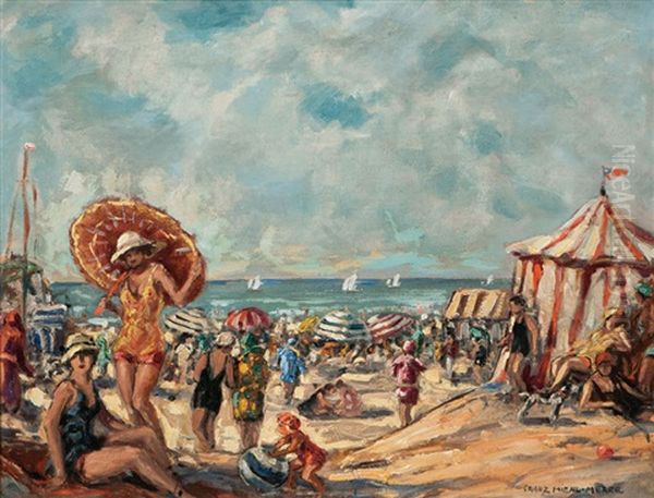 Belebter Strand Oil Painting by Franz Hienl-Merre