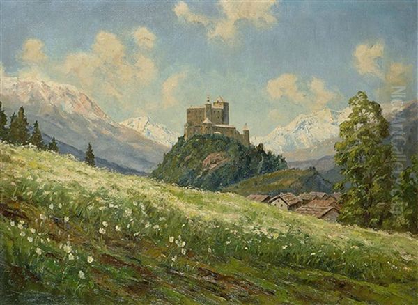 Gebirgslandschaft Mit Burg Oil Painting by Franz Hienl-Merre