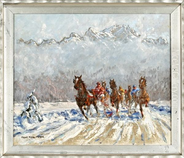 Trabrennen Auf Schnee Oil Painting by Franz Hienl-Merre