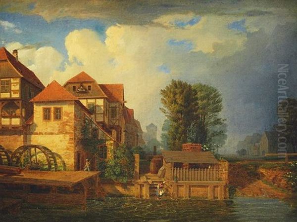 Fachwerkhaus Mit Wassermuhle Am Bach Oil Painting by Ernst W. Hieronymi