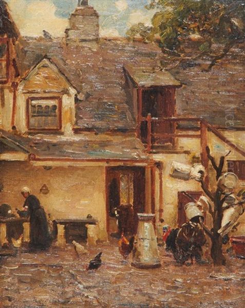 Govilon South Wales, Turkey Chasing Rooster Round Milk Churn Oil Painting by Ernest Higgins Rigg