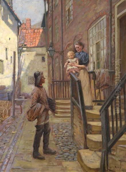 Fisherman In Arguments Yard Saying Goodbye To Wife And Child Oil Painting by Ernest Higgins Rigg