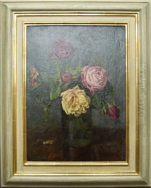 Still Life Of Roses In A Glass Vase Oil Painting by Ernest Higgins Rigg