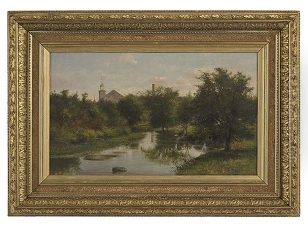 River Landscape With A View Of A Church Steeple Oil Painting by George Frank Higgins