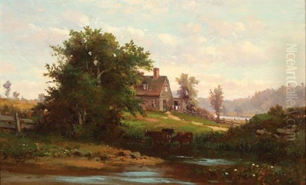 New England Summer Landscape With Farmhouse Oil Painting by George Frank Higgins