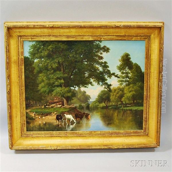 River Scene With Cows by George Frank Higgins