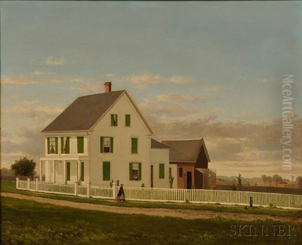 Portrait Of A Farmhouse With Green Shutters And Four Figures Oil Painting by George Frank Higgins