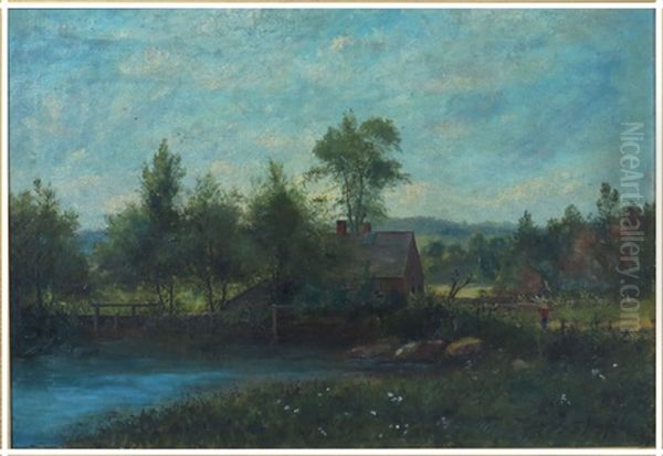 Landscape, Rustic Log House On Pond, With Farmer Oil Painting by George Frank Higgins