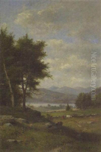 A Pastoral Landscape With Cattle Grazing And A River Beyond Oil Painting by George Frank Higgins