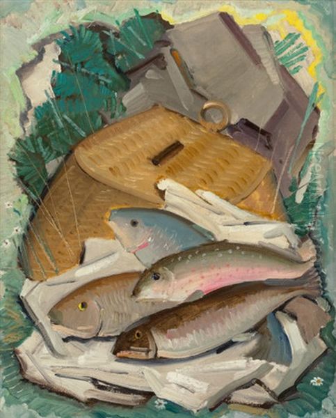 Trout And Creel Oil Painting by Victor William Higgins