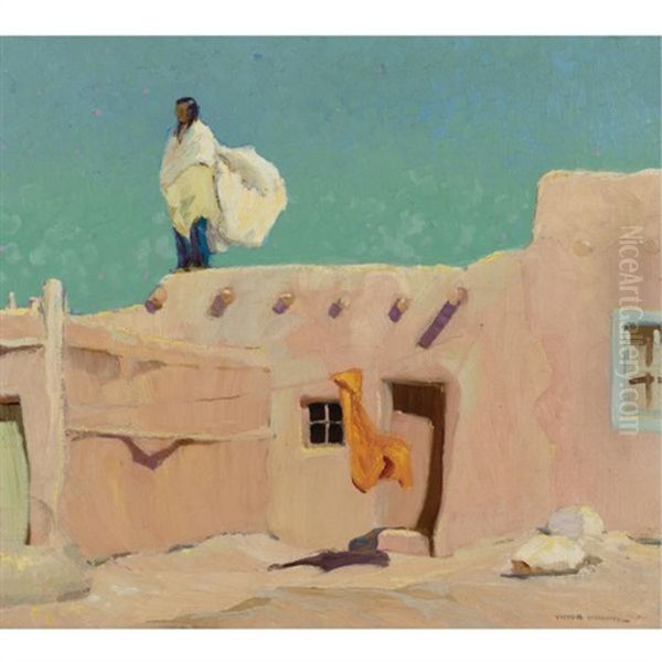 Summer Day, Taos Pueblo (the Sentinel) Oil Painting by Victor William Higgins