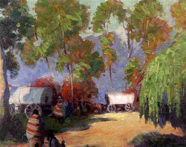 Native American Figures And Covered Wagon Among The Trees Oil Painting by Victor William Higgins