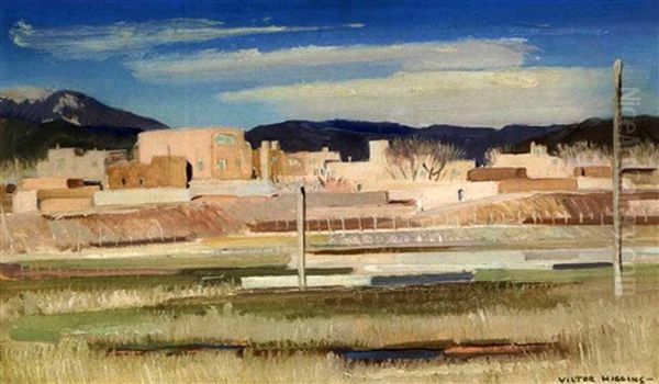 Valley Town: View Of Pueblo Town Oil Painting by Victor William Higgins