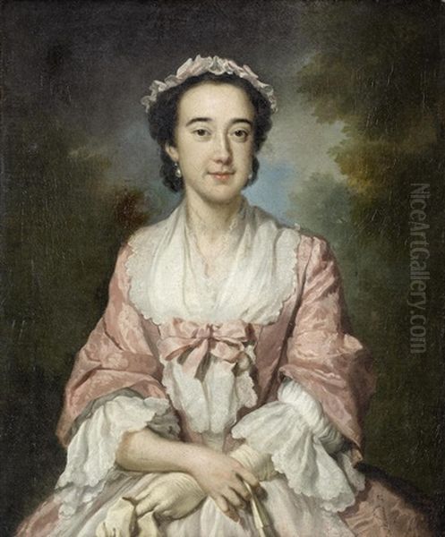 Portrait Of A Lady, Half-length, In A White Dress And Pink Shawl Oil Painting by Joseph Highmore