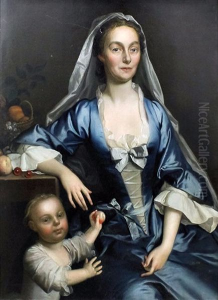 Half Length Portrait Of A Young Woman In Blue Dress With A Child Offering Her An Apple Oil Painting by Joseph Highmore