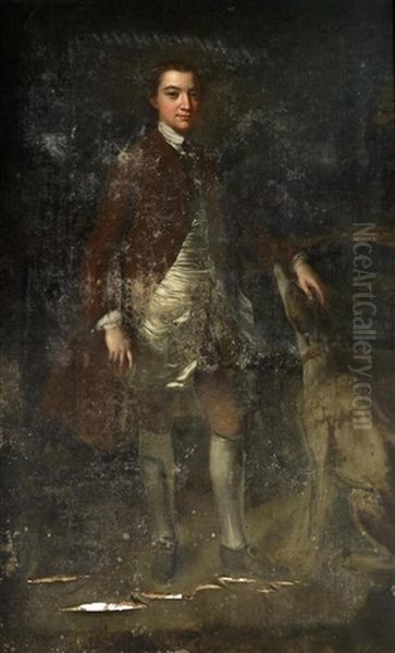 Portrait Of A Young Man, Full-length, In A Brown Coat And White Satin Waistcoat, In A Landscape, A Lurcher At His Side Oil Painting by Joseph Highmore