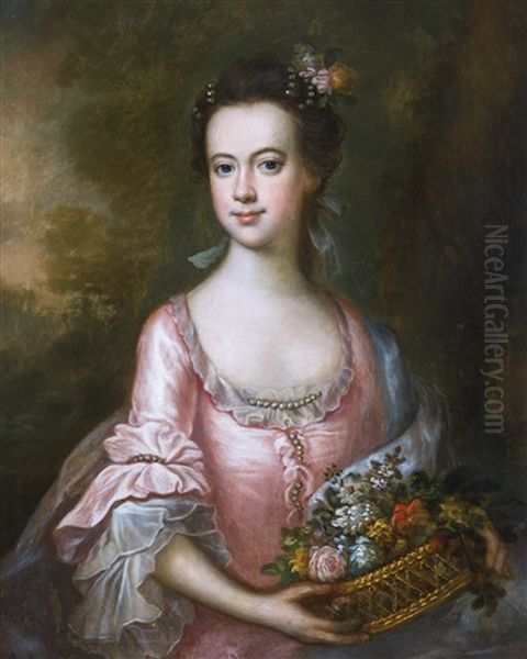 Portrait Of Rachel Busk, Later Mrs Richard Milnes (d. 1835), Half-length, Wearing A Pink Dress And Holding Flowers Oil Painting by Joseph Highmore