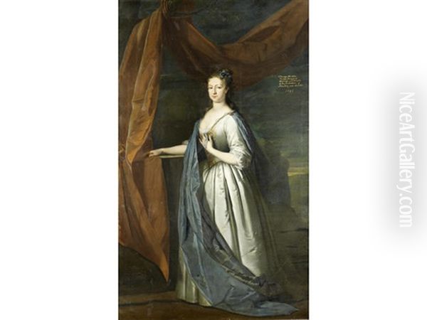 Portrait Of Frederica, Countess Fitzwalter, In A Silver Dress With A Blue Cloak, Standing Before A Draped Pillar, A Landscape Beyond Oil Painting by Joseph Highmore