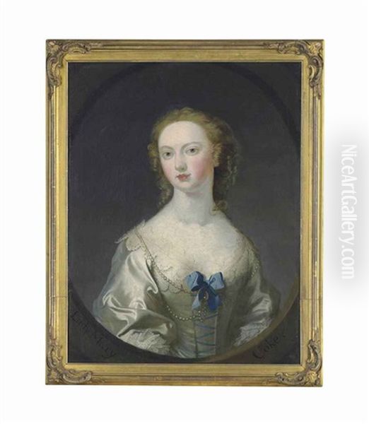 Portrait Of Lady Mary Coke, Nee Campbell, Half-length, In A White Silk Dress With A Blue Ribbon And Pearls, In A Feigned Oval Oil Painting by Joseph Highmore