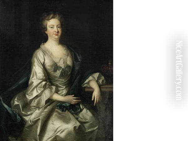 Portrait Of A Lady, Said To Be Queen Caroline Of Brandenburg-ansbach, Three-quarter-length, Seated In A Cream Satin Dress Oil Painting by Joseph Highmore