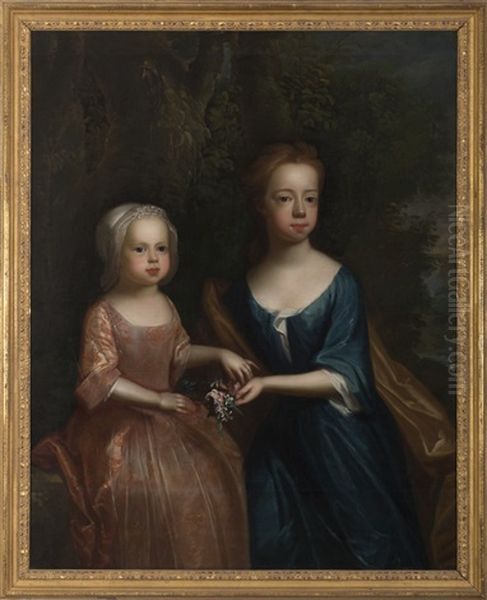 Portrait Of Two Children In Landscape, Each Holding A Sprig Of Flowers by Joseph Highmore