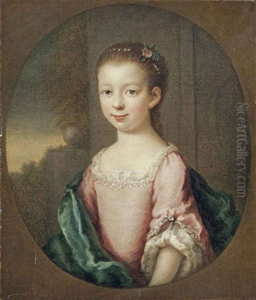 Portrait Of A Girl, Half-length, In A Blue Dress And Pink Wrap, A Landscape Beyond Oil Painting by Joseph Highmore