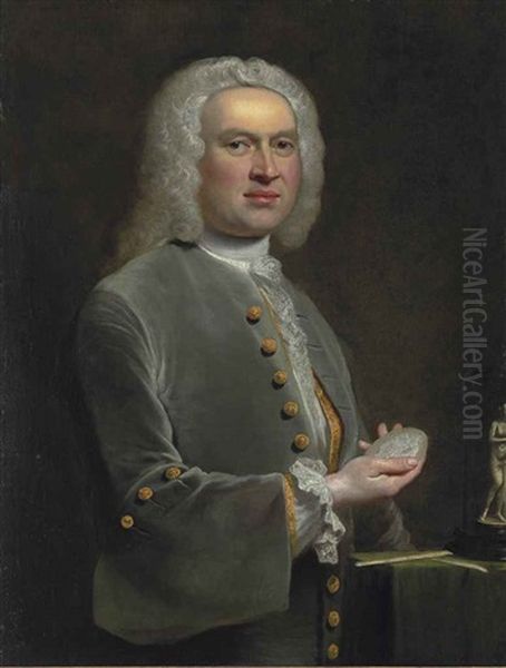 Portrait Of A Sculptor, Half-length, In A Grey Coat With Gold Buttons And A Lace Shirt, Holding A Medallion, Beside A Table With Sculptor's Tools... Oil Painting by Joseph Highmore