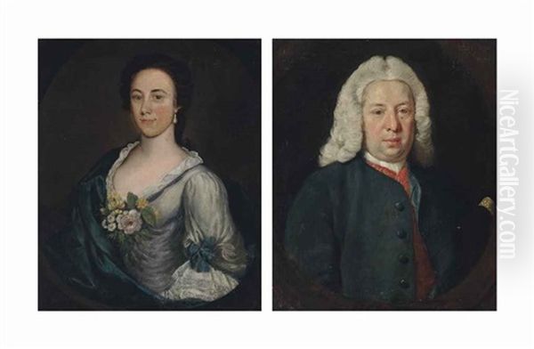 Portrait Of A Gentleman, Traditionally Identified As John Frederick Of Wellingborough (1704-1775), Half-length, In A Blue Coat... (+ Portrait Of A Lady, Traditionally Identified As Anne Frederick (1727-1788); 2 Works) Oil Painting by Joseph Highmore