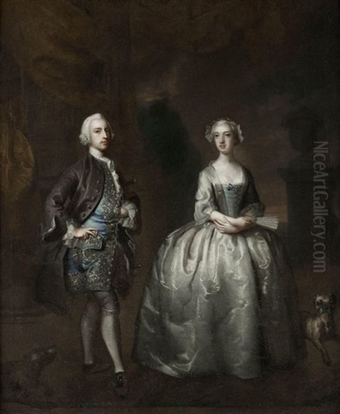 Portrait Of A Gentleman And His Wife, Standing On A Terrace With Their Dogs Oil Painting by Joseph Highmore