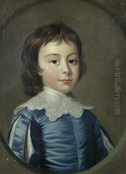 Portrait Of A Young Boy, In A Blue Silk Coat, Within A Painted Stone Oval; And Portrait Of A Young Girl In A White Silk Dress And With Flowers In Her Hair (pair) Oil Painting by Joseph Highmore