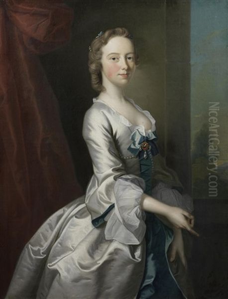 Portrait Of A Young Lady, In A White Silk Dress With Blue Ribbons, Standing Before A Red Curtain, A View To A Landscape Beyond Oil Painting by Joseph Highmore