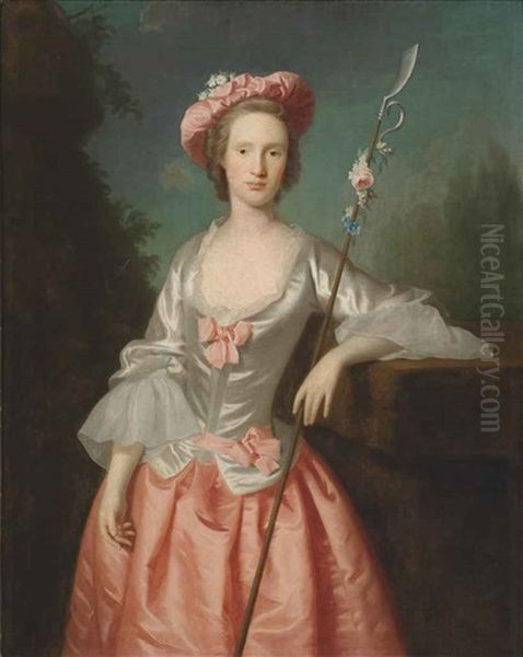 Portrait Of A Lady As A Shepherdess In A Pink And White Satin Dress And A Pink Hat, Her Left Arm Resting On A Plinth Holding A Staff, In A Landscape Oil Painting by Joseph Highmore