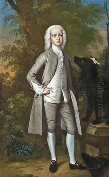 Portrait Of A Young Boy, Thought To Be Joseph Taylor, In A Grey Coat And Breeches And A White Waistcoat With A Black Flat-coated Retriever, In A Park Landscape, His Tricorn Hat And Stick On The Ground by Joseph Highmore