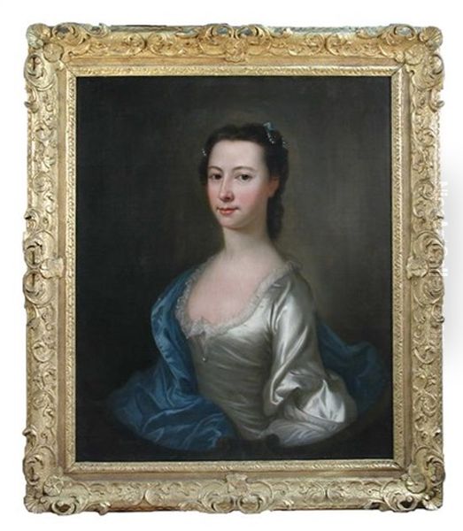 Portrait Of A Lady With Pearls In Her Hair And A Blue Cloak Oil Painting by Joseph Highmore