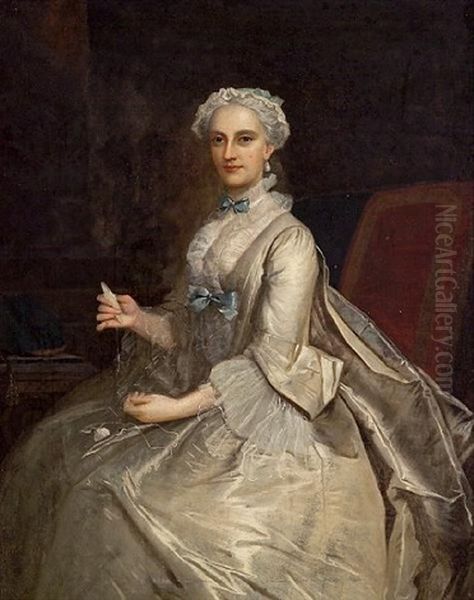 A Portrait Of A Lady, Seated, Holding A Spool Of Yarn Oil Painting by Joseph Highmore