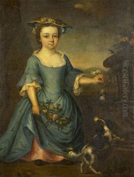 Portrait Of A Little Girl In A Blue Dress, Picking Flowers Beside A Classical Styled Garden Urn With A Lapdog Oil Painting by Joseph Highmore