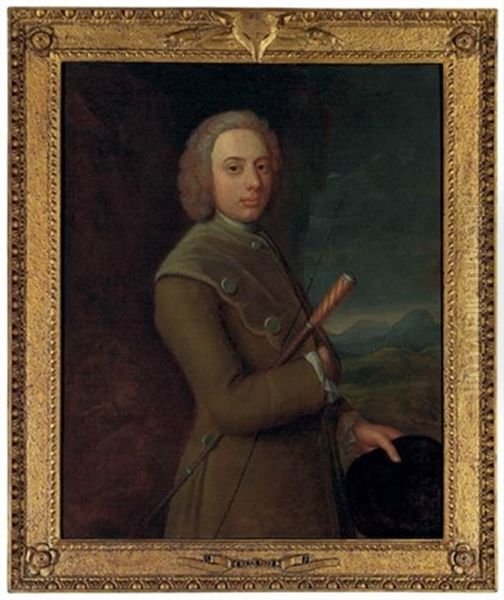 Portrait Of A Gentleman, In A Brown Coat, Holding A Riding Crop And Hat Oil Painting by Joseph Highmore