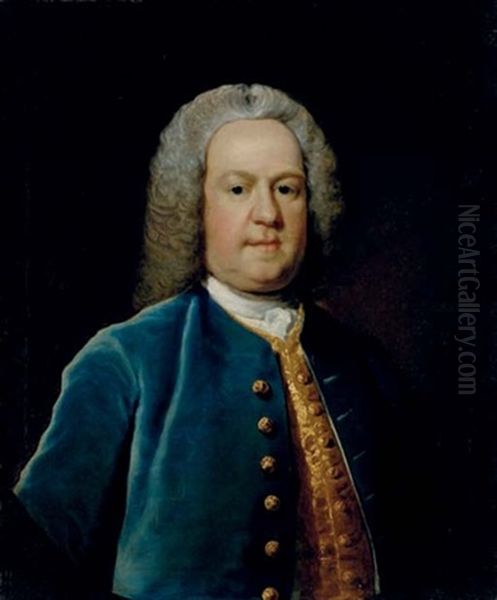 Portrait Of A Gentleman In A Blue Coat And Golden Vest Oil Painting by Joseph Highmore