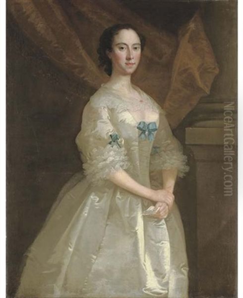 Portrait Of Miss Elizabeth Purley In A White Dress With Blue Ribbons, Holding A Letter In Her Left Hand Oil Painting by Joseph Highmore