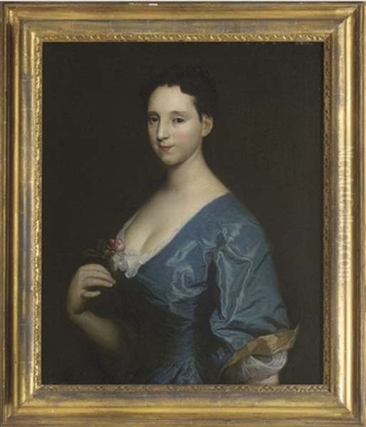 Portrait Of A Lady In A Blue Dress, Holding A Red Rose In Her Right Hand Oil Painting by Joseph Highmore