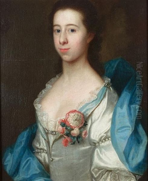 Portrait Of A Gentleman, In A Buff Coloured Coat With A White Brocaded Waistcoat And Holding A Hat Under His Arm (+ A Portrait Of A Lady, In A White, Lace-trimmed Dress And A Blue Wrap; Pair) Oil Painting by Joseph Highmore