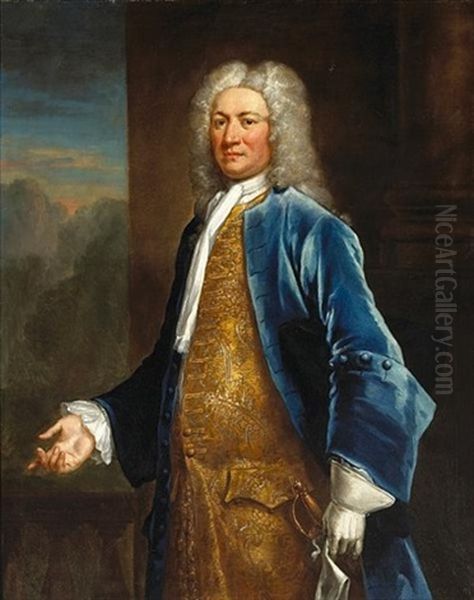 A Portrait Of A Gentleman In A Blue Coat And Gold Brocaded Waistcoat Oil Painting by Joseph Highmore