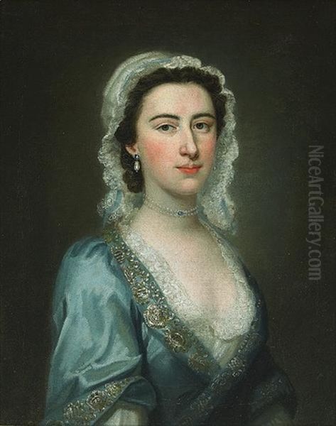 A Portrait Of A Lady, Half-length, Wearing A Blue Dress And A Lace Bonnet Oil Painting by Joseph Highmore