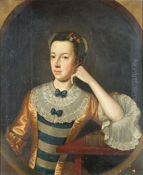 Portrait Of A Young Woman, Half-length, In A Blue, White And Gold Dress With A Lace Collar And Cuff And Flowers In Her Hair Oil Painting by Joseph Highmore