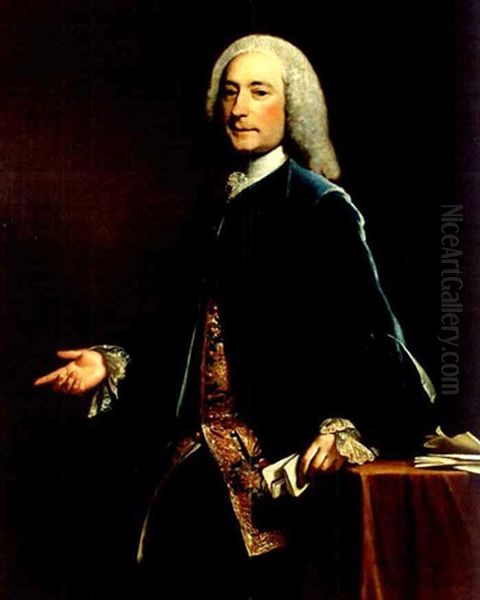 Gentleman In Blue Velvet Waistcoat And Brocade Vest Holding A Letter Oil Painting by Joseph Highmore