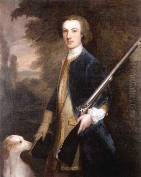 Portrait Of A Gentleman In A Blue Coat, Holding A Gun With A Hound At His Side (a Member Of The Waddington Family?) Oil Painting by Joseph Highmore